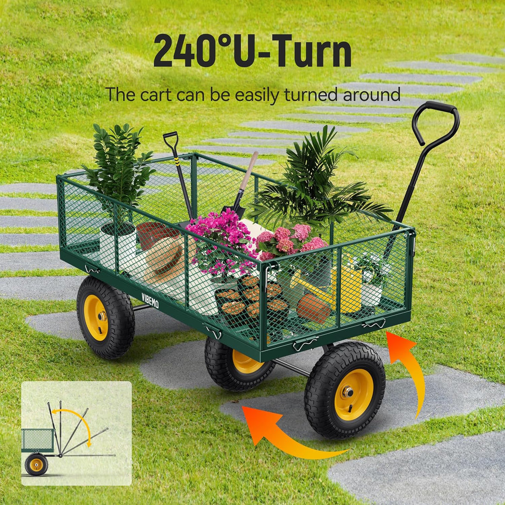 Steel Garden Cart, 2-in-1 1400 lbs Heavy Duty Utility Wagon, with Removable Mesh Sides to Convert into Flatbed, 240?? U-Turn 13" Pneumatic Tires Garden Wagon for Farm Yard Lawn Garden Camping