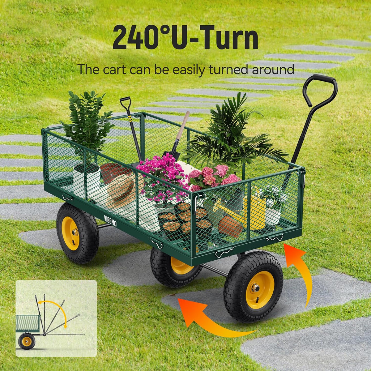 Steel Garden Cart, 2-in-1 1400 lbs Heavy Duty Utility Wagon, with Removable Mesh Sides to Convert into Flatbed, 240?? U-Turn 13" Pneumatic Tires Garden Wagon for Farm Yard Lawn Garden Camping