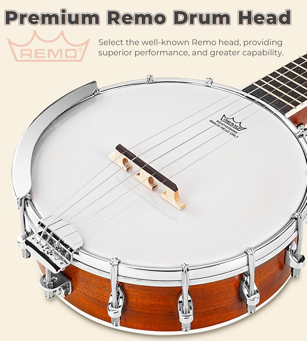 String Banjo 26 Inch, MINI Travel Banjo, Banjo Beginner Kit with Remo Head, Open Back & Closed Solid Back with beginner Kit, Comfortable Carrying Bag