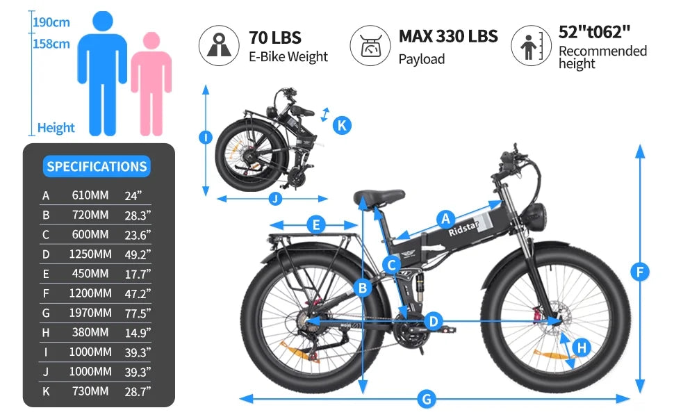 Eletric Bike for Adults, 750W Motor 48V 20Ah Removable Battery 26?? Fat Tire Folding E-Bike Shimano 21-Speed MTB Cycling UL2849