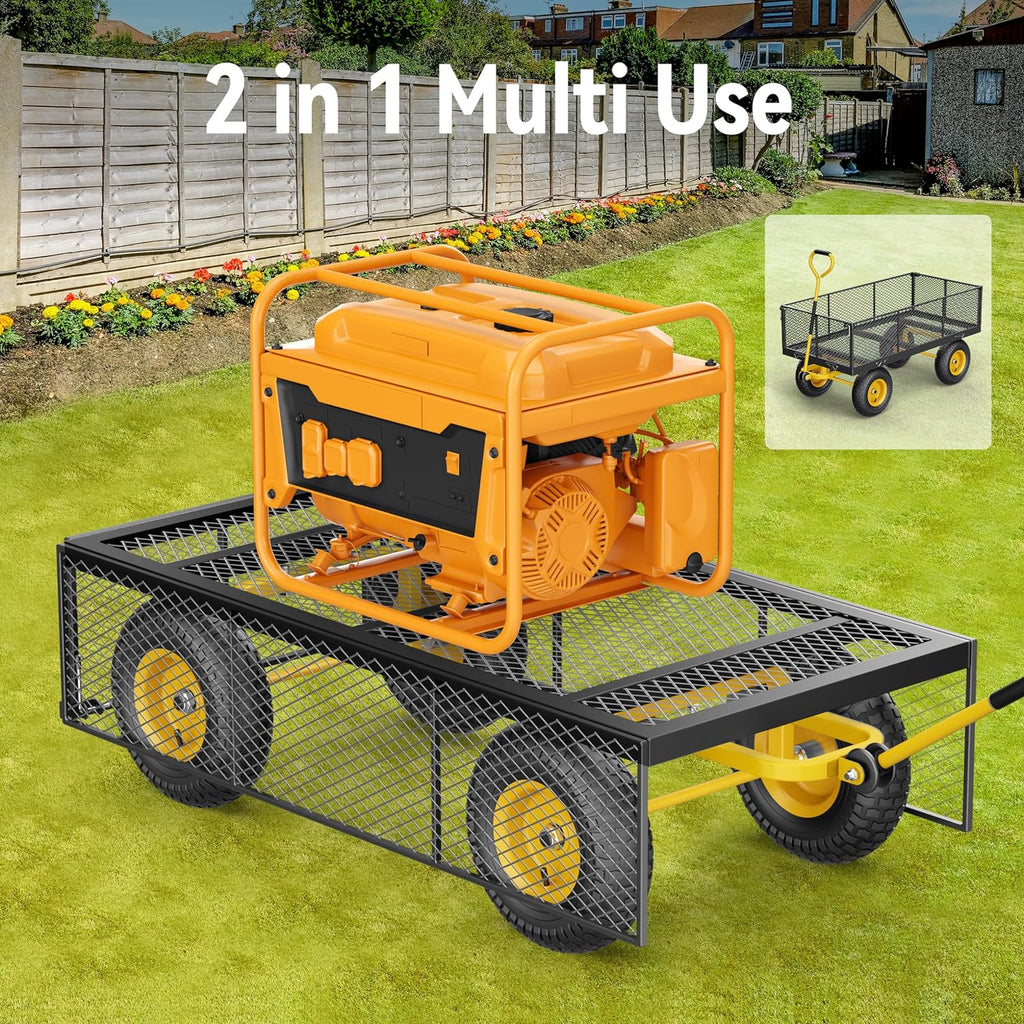 Steel Garden Cart, 2-in-1 1400 lbs Heavy Duty Utility Wagon, with Removable Mesh Sides to Convert into Flatbed, 240?? U-Turn 13" Pneumatic Tires Garden Wagon for Farm Yard Lawn Garden Camping