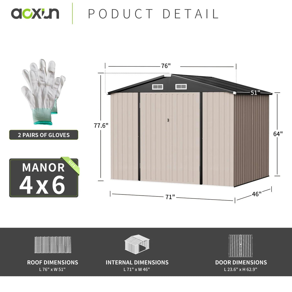 Aoxun 6.4x4 FT Outdoor Storage Shed for Tool, Garden
