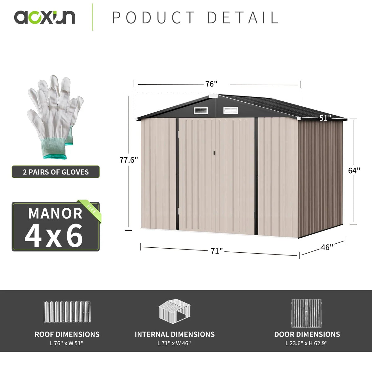 Aoxun 6.4x4 FT Outdoor Storage Shed for Tool, Garden