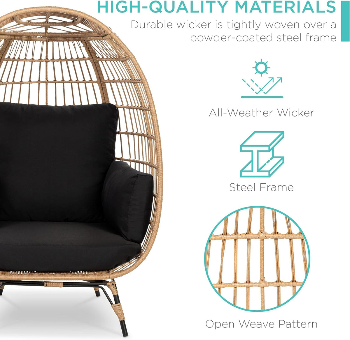 Best Choice Products Wicker Egg Chair, Oversized Indoor Outdoor Lounger for Patio, Backyard, Living Room w/ 4 Cushions, Steel Frame, 440lb Capacity - Ivory