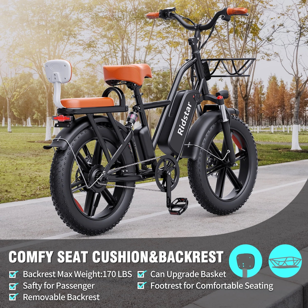Electric Bike for Adults,750W 30-70Miles 48V 15AH Removable Battery Ebike 20" x 4.0 Fat Tire Beach Commuting E-Bike 2 Seater W/Fork Suspension UL2849