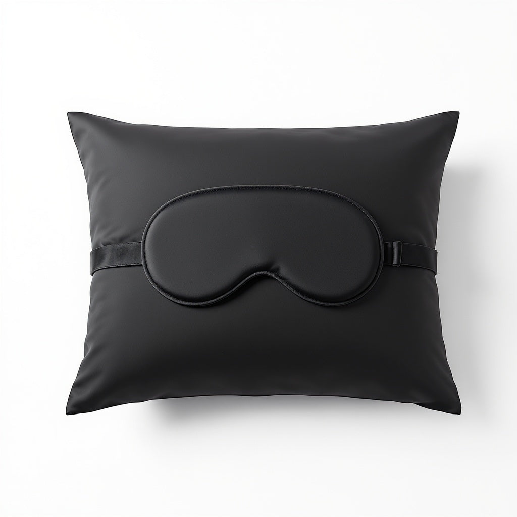 Black 22 momme pure mulberry silk sleep mask with matching queen pillowcase