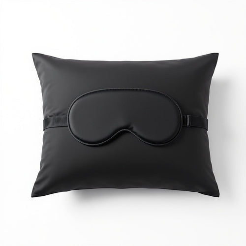 Black 22 momme pure mulberry silk sleep mask with matching queen pillowcase