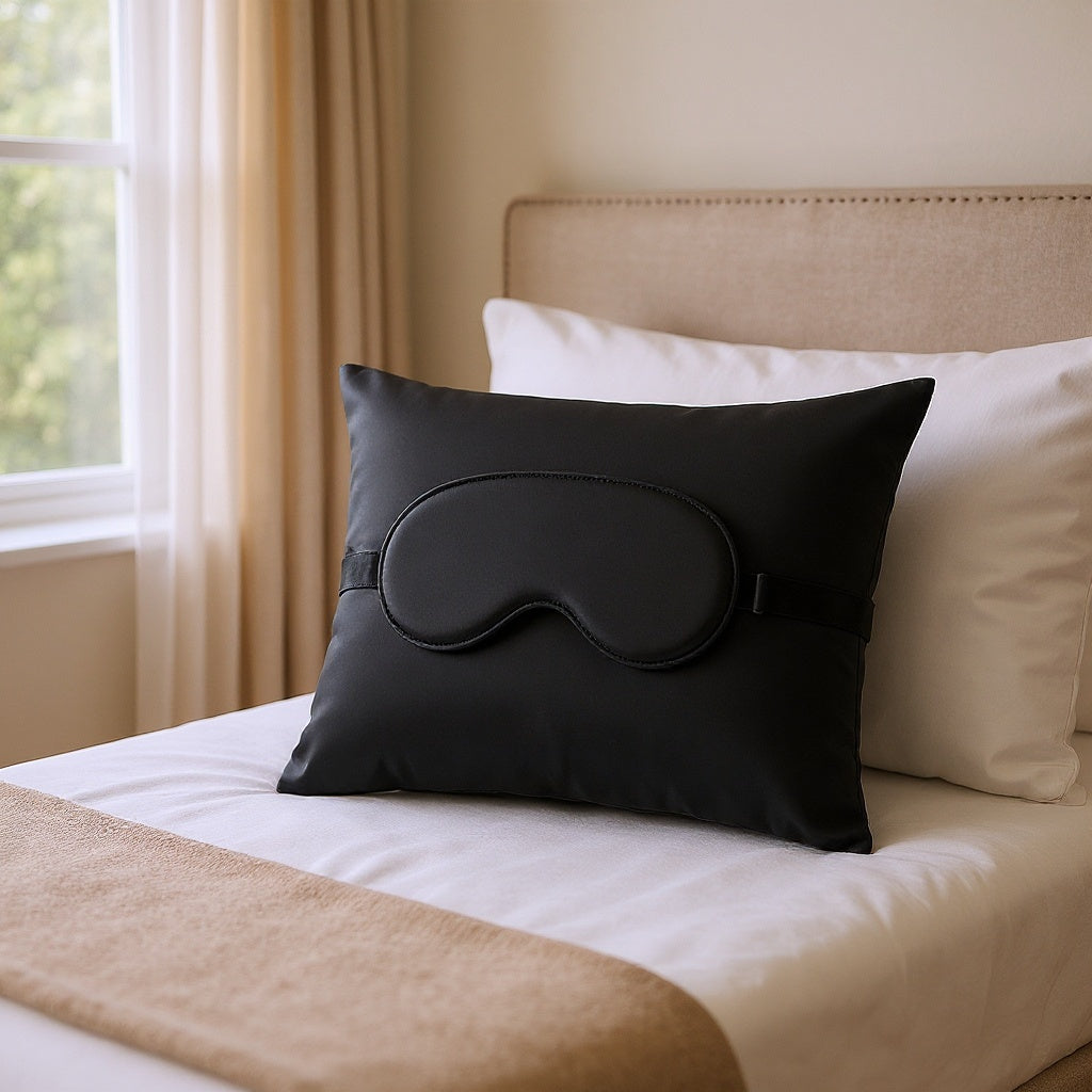 Silk pillowcase and sleep mask styled on bed with soft white linens