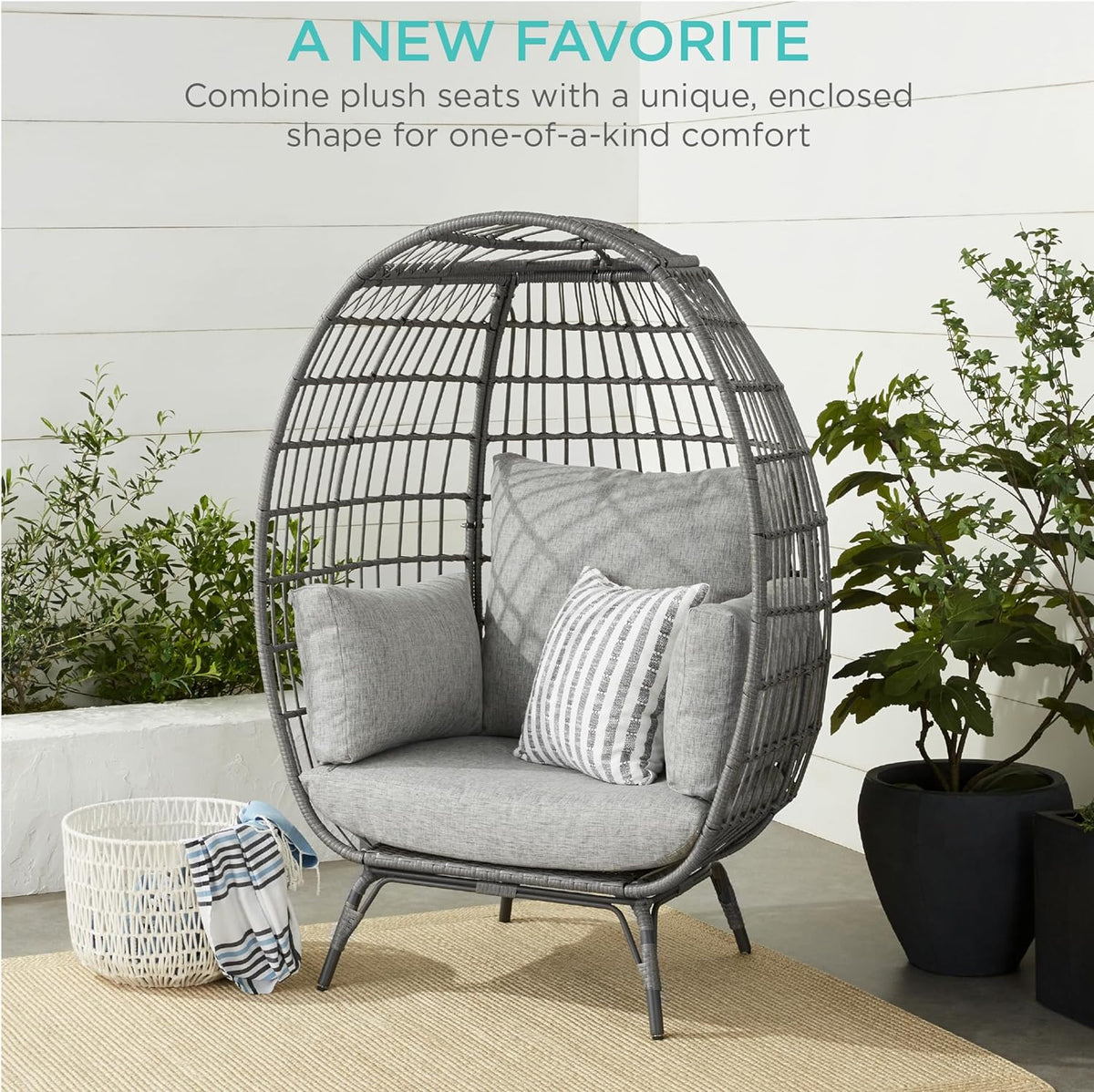Best Choice Products Wicker Egg Chair, Oversized Indoor Outdoor Lounger for Patio, Backyard, Living Room w/ 4 Cushions, Steel Frame, 440lb Capacity - Ivory