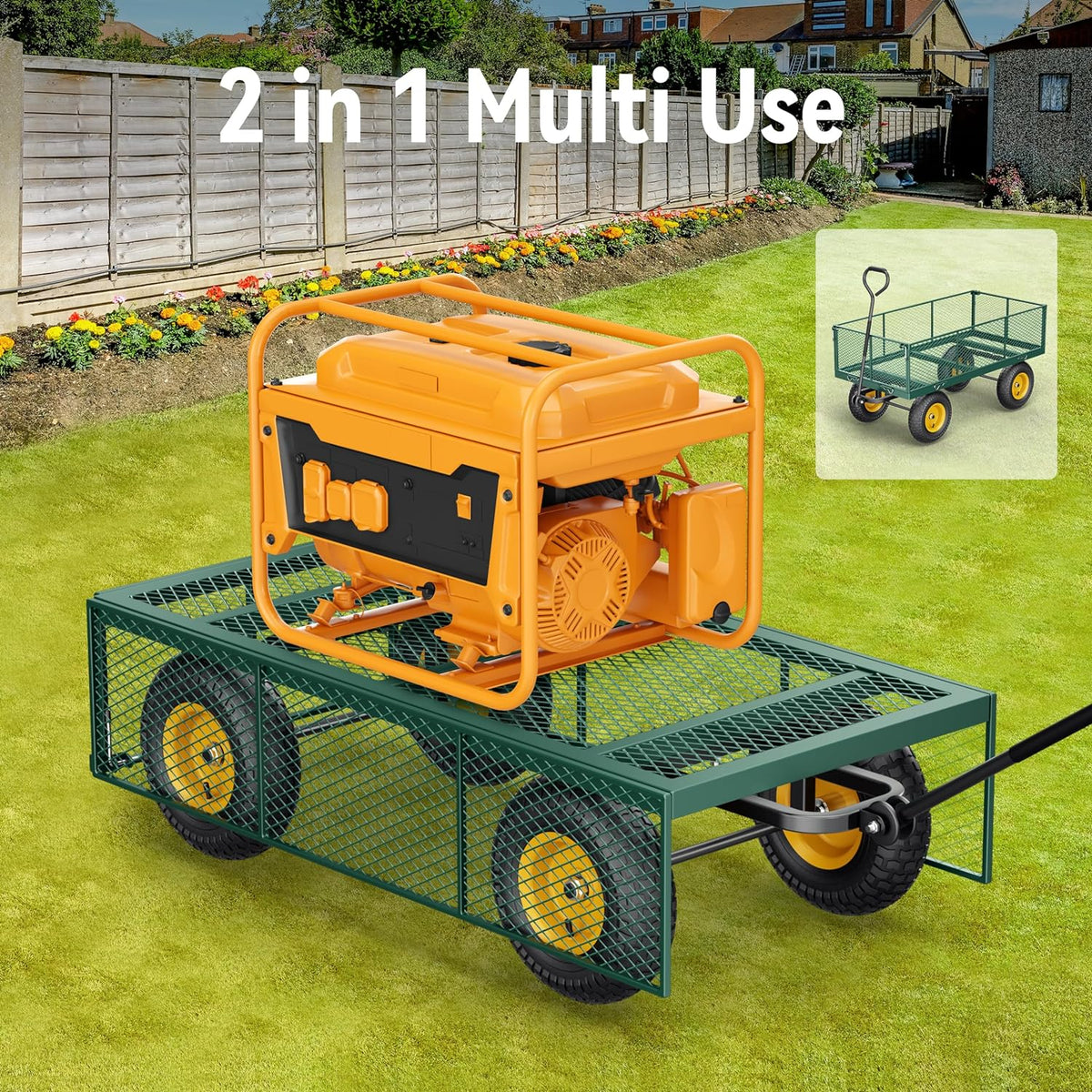 Steel Garden Cart, 2-in-1 1400 lbs Heavy Duty Utility Wagon, with Removable Mesh Sides to Convert into Flatbed, 240?? U-Turn 13" Pneumatic Tires Garden Wagon for Farm Yard Lawn Garden Camping