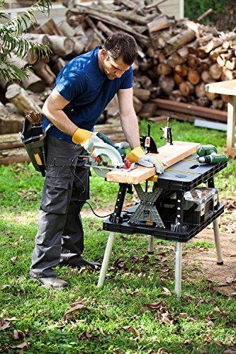 Keter ?C 197283 Folding Table Work Bench for Miter Saw Stand, Woodworking Tools and Accessories with Included 12 Inch Wood Clamps ?C Easy Garage Storage Black/Yellow