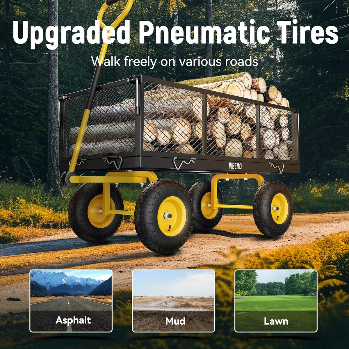 Steel Garden Cart, 2-in-1 1400 lbs Heavy Duty Utility Wagon, with Removable Mesh Sides to Convert into Flatbed, 240?? U-Turn 13" Pneumatic Tires Garden Wagon for Farm Yard Lawn Garden Camping