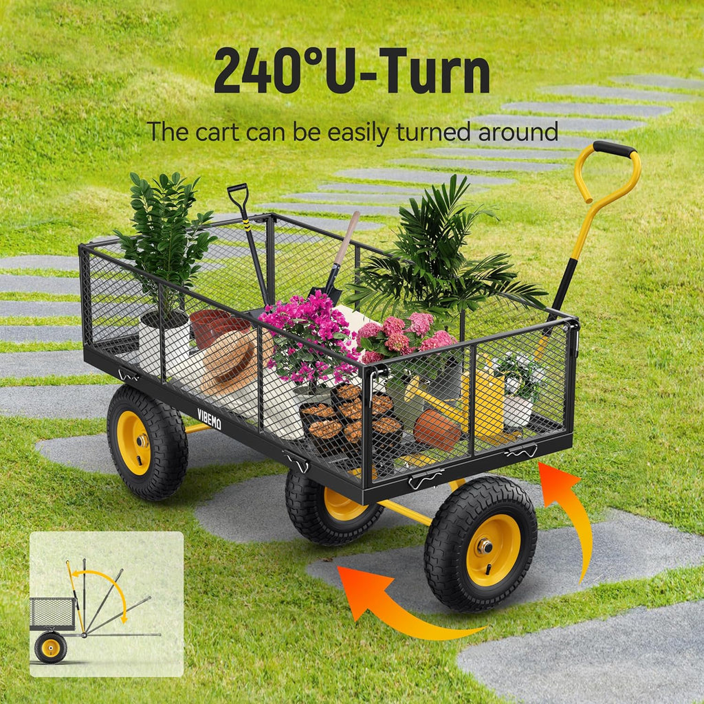 Steel Garden Cart, 2-in-1 1400 lbs Heavy Duty Utility Wagon, with Removable Mesh Sides to Convert into Flatbed, 240?? U-Turn 13" Pneumatic Tires Garden Wagon for Farm Yard Lawn Garden Camping