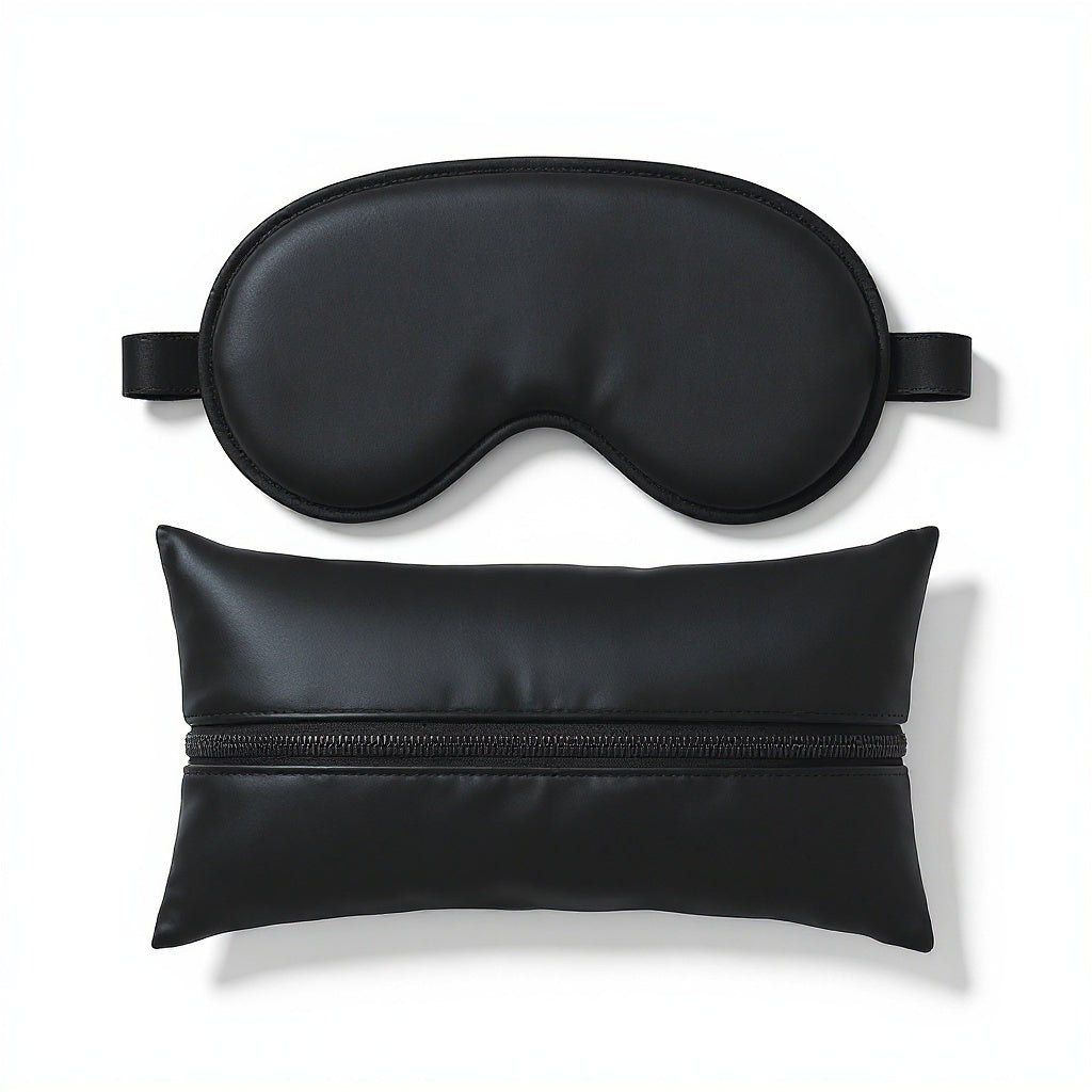 Padded blackout silk sleep mask showing ergonomic nose bridge contour
