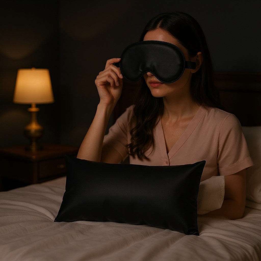 Standard black silk sleep set arranged neatly on bedroom nightstand