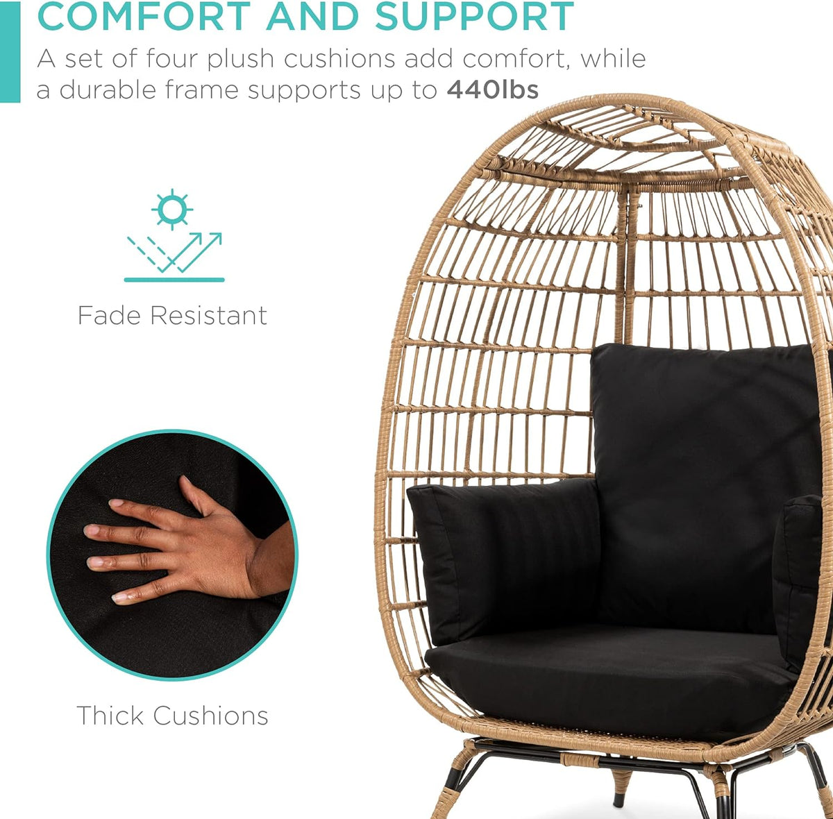 Best Choice Products Wicker Egg Chair, Oversized Indoor Outdoor Lounger for Patio, Backyard, Living Room w/ 4 Cushions, Steel Frame, 440lb Capacity - Ivory