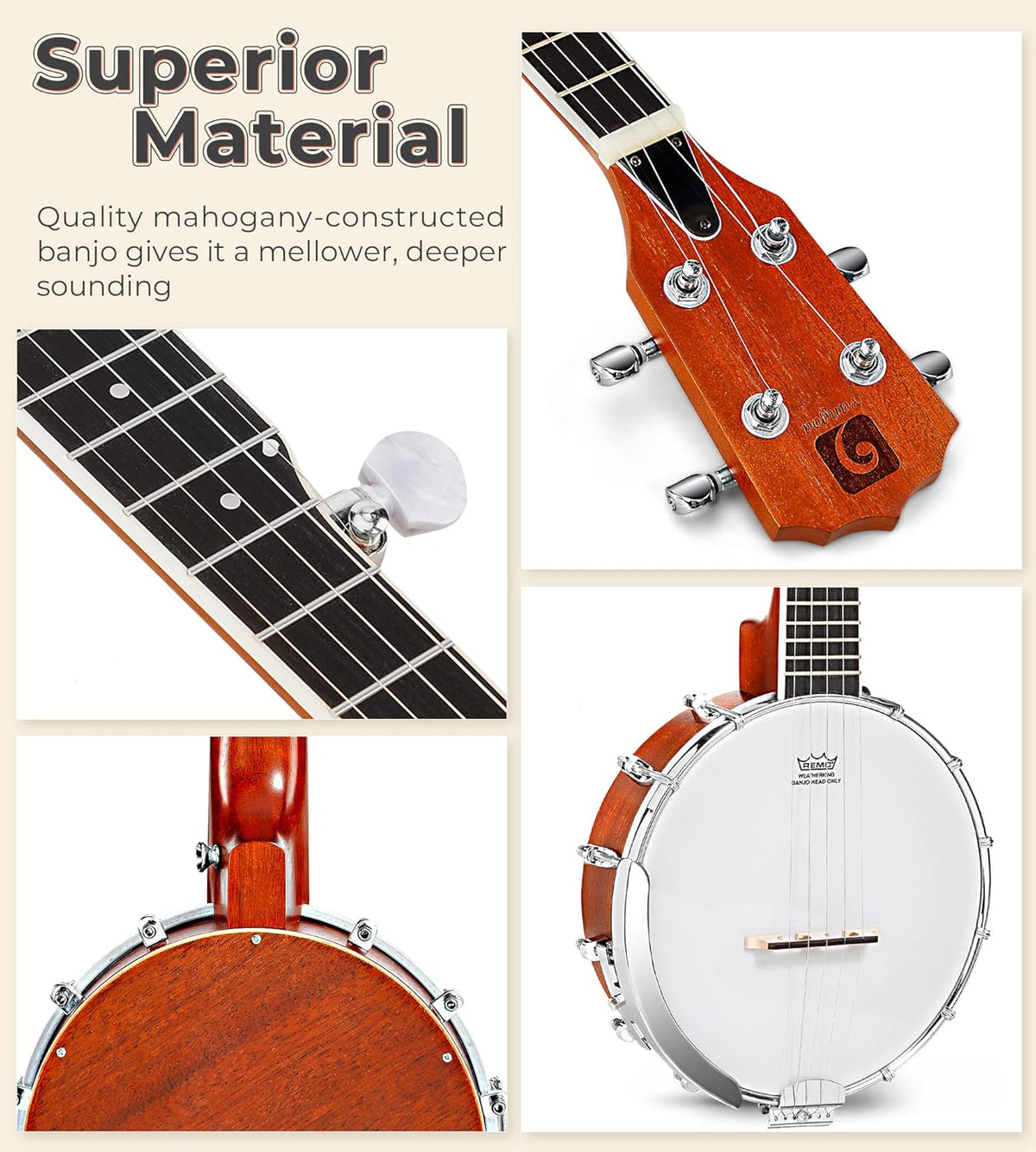 String Banjo 26 Inch, MINI Travel Banjo, Banjo Beginner Kit with Remo Head, Open Back & Closed Solid Back with beginner Kit, Comfortable Carrying Bag