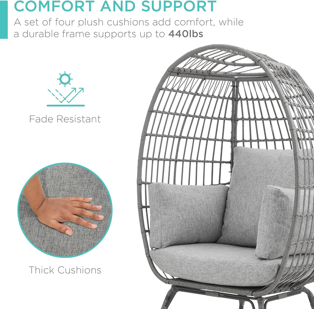 Best Choice Products Wicker Egg Chair, Oversized Indoor Outdoor Lounger for Patio, Backyard, Living Room w/ 4 Cushions, Steel Frame, 440lb Capacity - Ivory