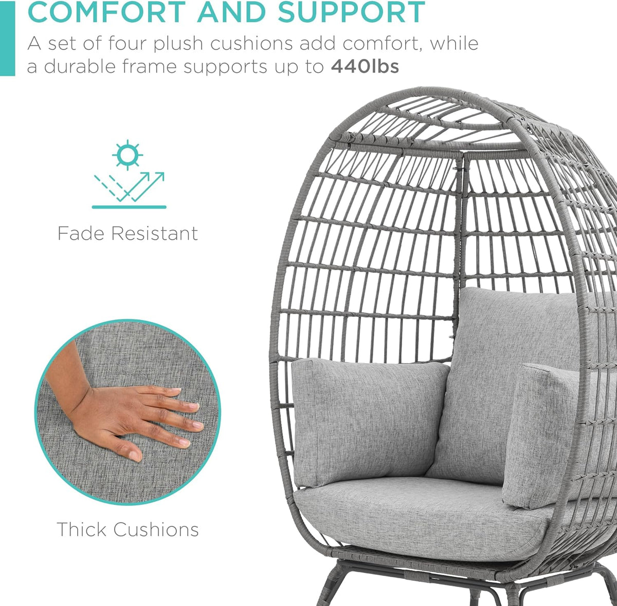 Best Choice Products Wicker Egg Chair, Oversized Indoor Outdoor Lounger for Patio, Backyard, Living Room w/ 4 Cushions, Steel Frame, 440lb Capacity - Ivory