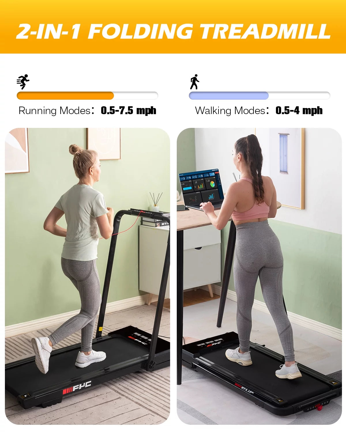 FYC 3.5HP Under Desk Treadmill 300LBS Weight Capacity, 2-in-1 Foldable Design, Remote Control & LED Display Compact Electric Walking and Running Machine for Walking, Running, Jogging (Black)