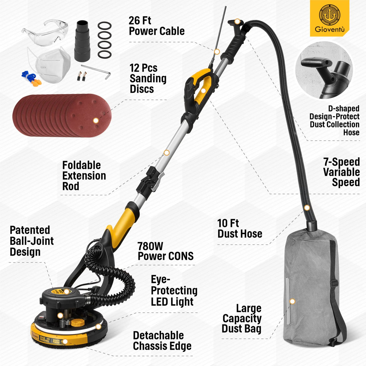Giovent Electric Drywall Sander with Vacuum for Popcorn Ceiling