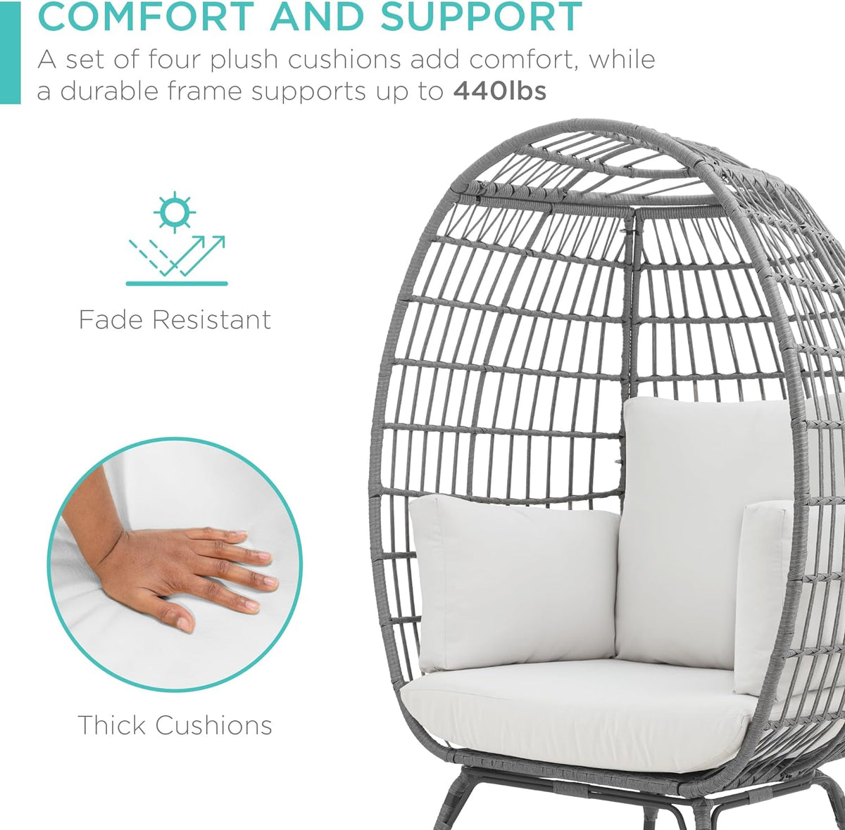 Best Choice Products Wicker Egg Chair, Oversized Indoor Outdoor Lounger for Patio, Backyard, Living Room w/ 4 Cushions, Steel Frame, 440lb Capacity - Ivory