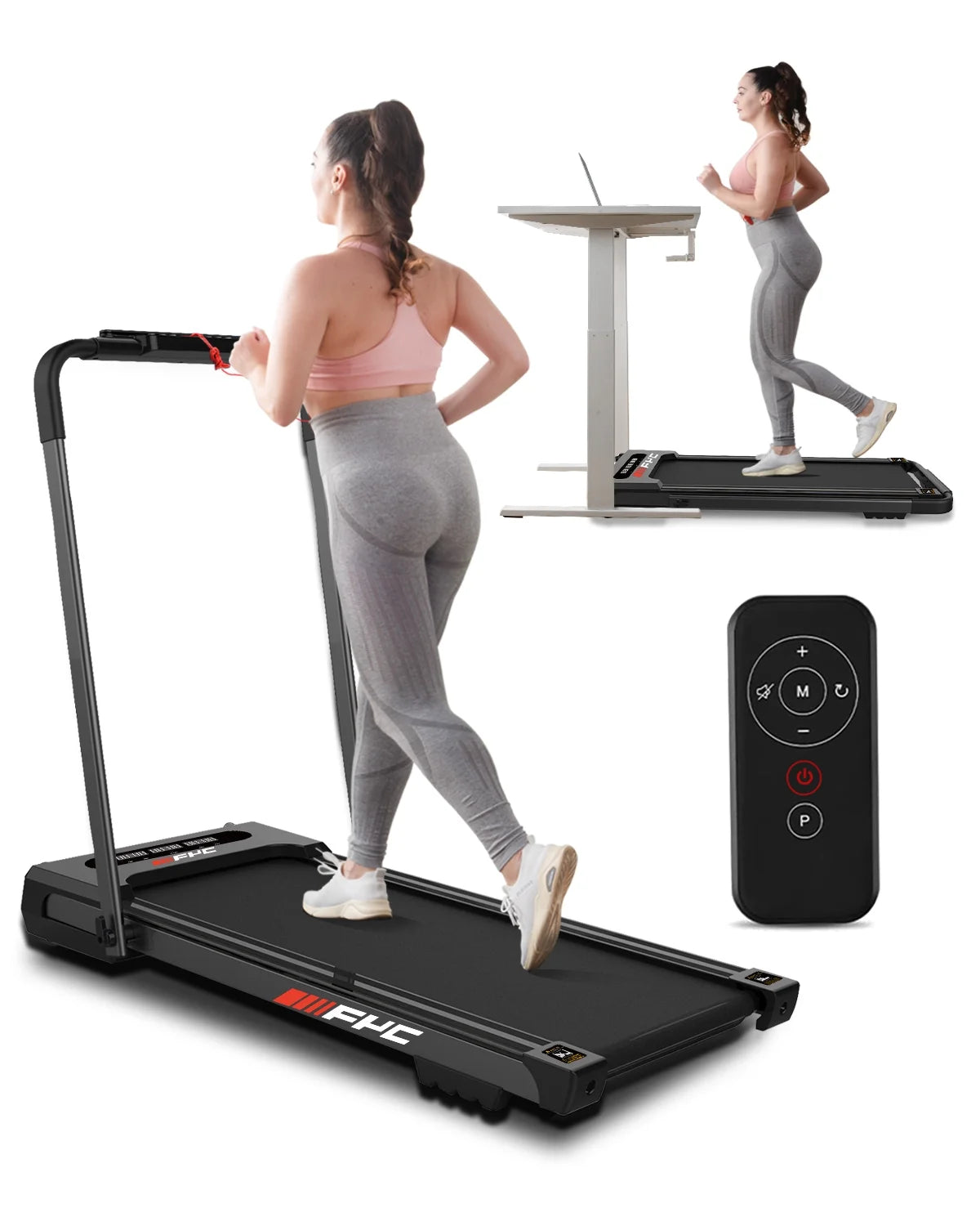 FYC 3.5HP Under Desk Treadmill 300LBS Weight Capacity, 2-in-1 Foldable Design, Remote Control & LED Display Compact Electric Walking and Running Machine for Walking, Running, Jogging (Black)
