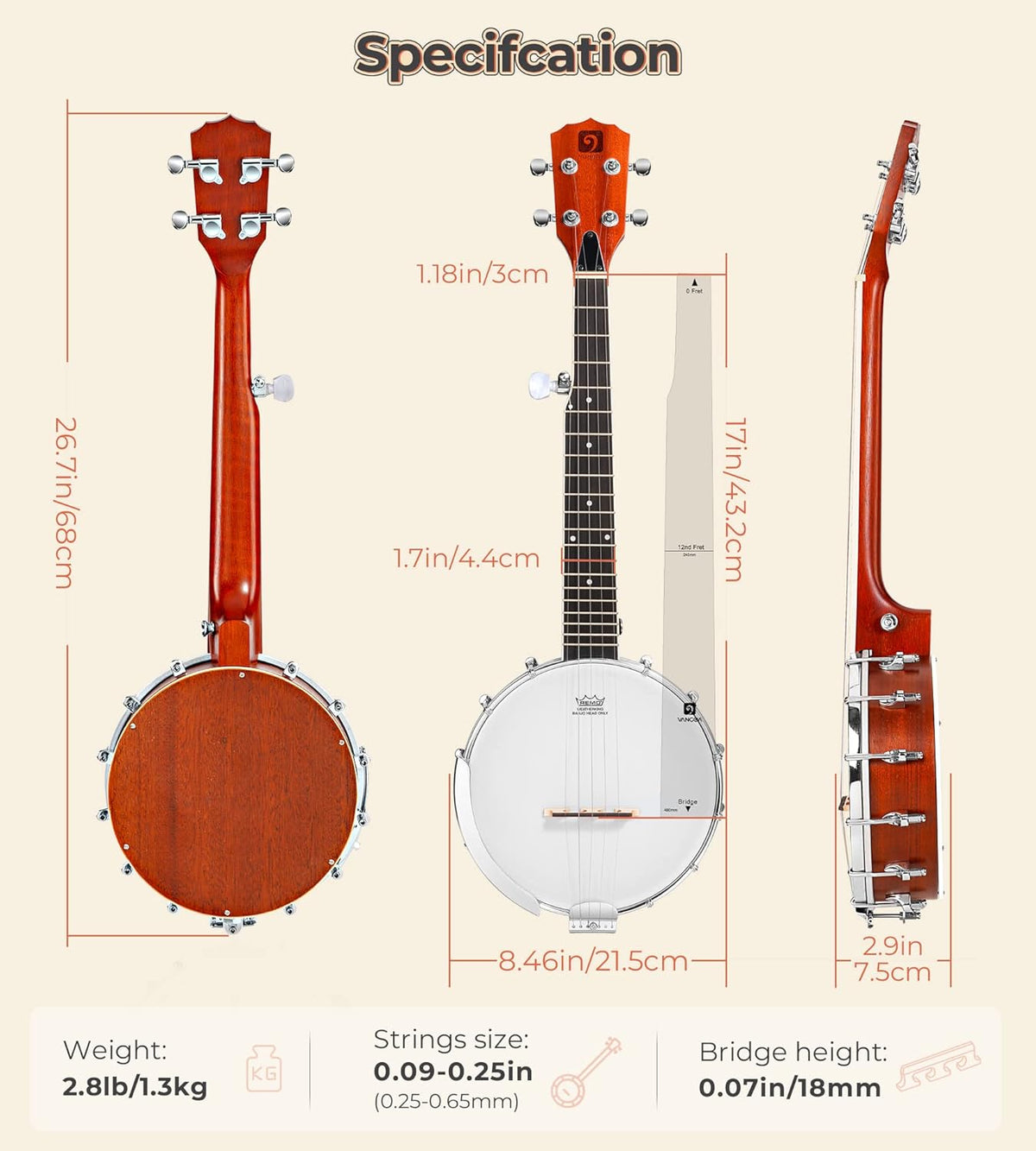 String Banjo 26 Inch, MINI Travel Banjo, Banjo Beginner Kit with Remo Head, Open Back & Closed Solid Back with beginner Kit, Comfortable Carrying Bag