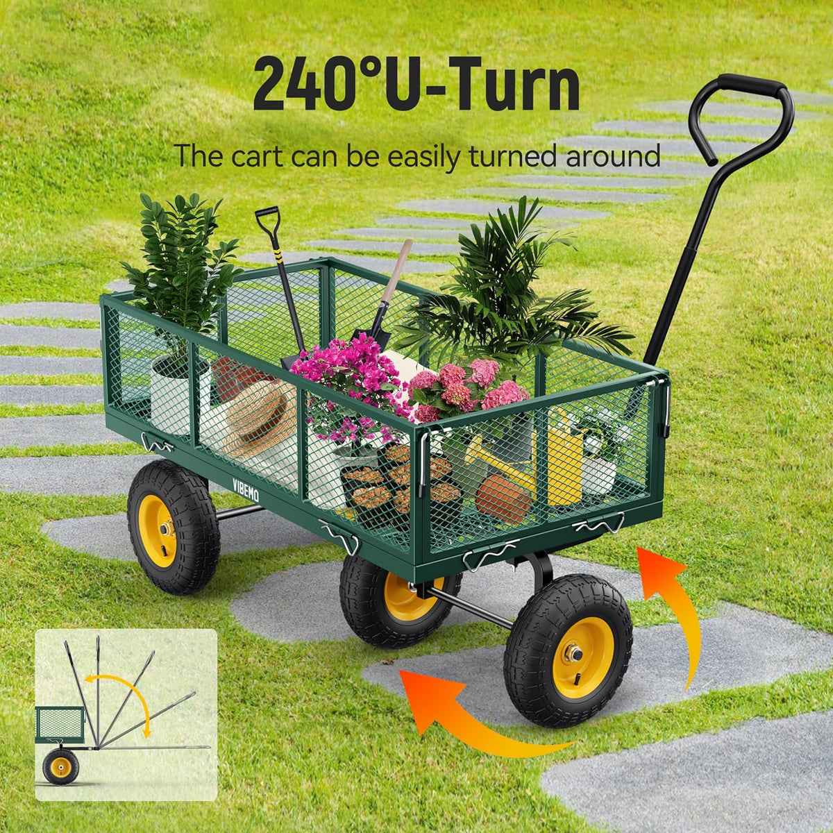 Steel Garden Cart, 2-in-1 1400 lbs Heavy Duty Utility Wagon, with Removable Mesh Sides to Convert into Flatbed, 240?? U-Turn 13" Pneumatic Tires Garden Wagon for Farm Yard Lawn Garden Camping