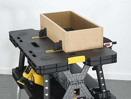 Keter ?C 197283 Folding Table Work Bench for Miter Saw Stand, Woodworking Tools and Accessories with Included 12 Inch Wood Clamps ?C Easy Garage Storage Black/Yellow