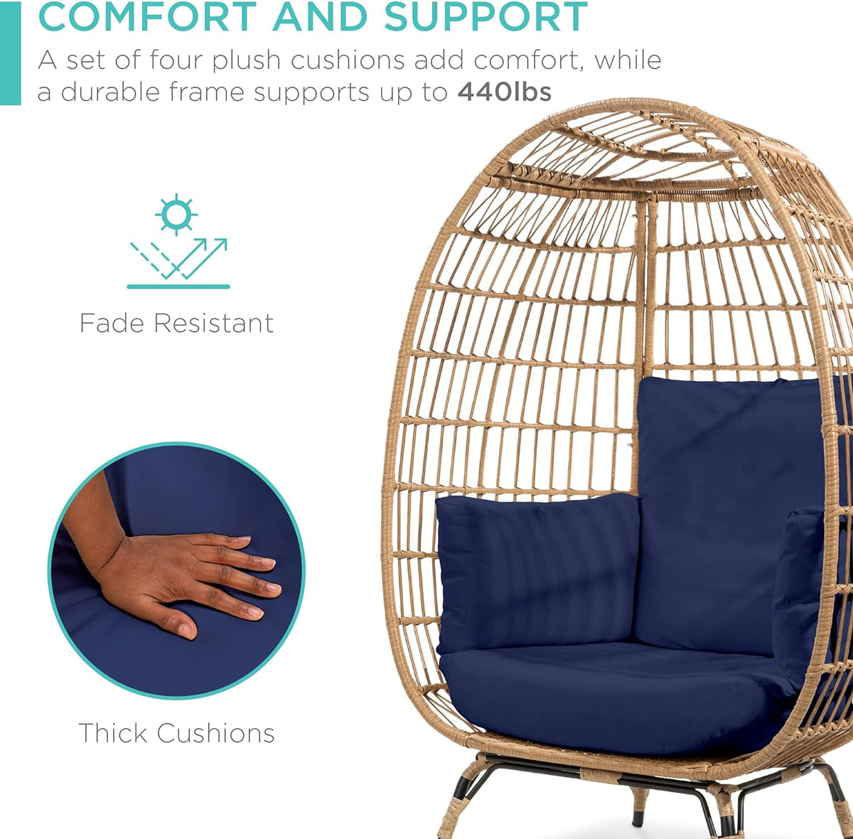Best Choice Products Wicker Egg Chair, Oversized Indoor Outdoor Lounger for Patio, Backyard, Living Room w/ 4 Cushions, Steel Frame, 440lb Capacity - Ivory