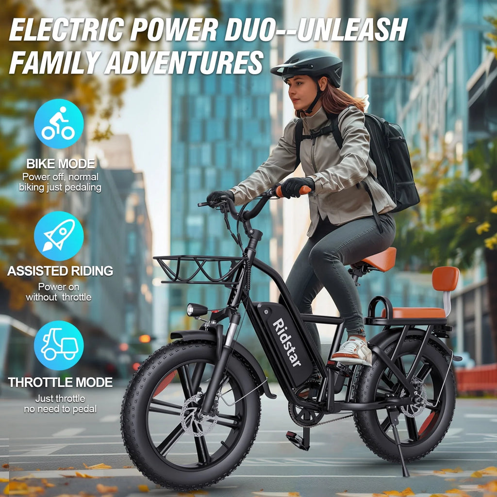 Electric Bike for Adults,750W 30-70Miles 48V 15AH Removable Battery Ebike 20" x 4.0 Fat Tire Beach Commuting E-Bike 2 Seater W/Fork Suspension UL2849