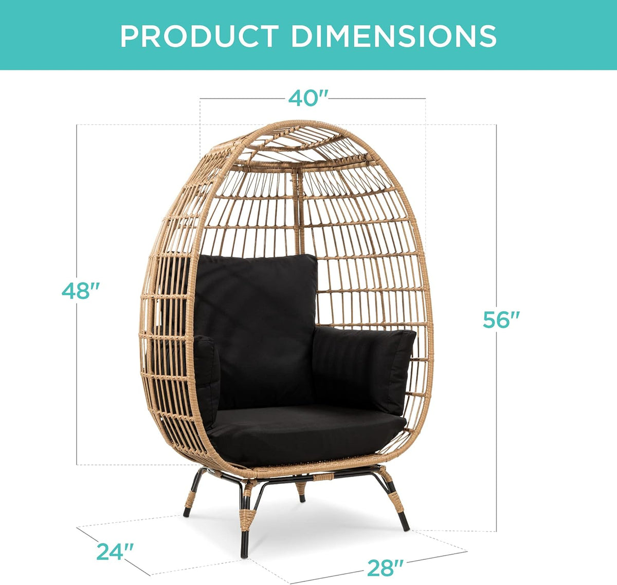 Best Choice Products Wicker Egg Chair, Oversized Indoor Outdoor Lounger for Patio, Backyard, Living Room w/ 4 Cushions, Steel Frame, 440lb Capacity - Ivory