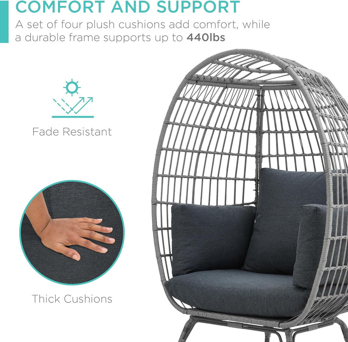 Best Choice Products Wicker Egg Chair, Oversized Indoor Outdoor Lounger for Patio, Backyard, Living Room w/ 4 Cushions, Steel Frame, 440lb Capacity - Ivory
