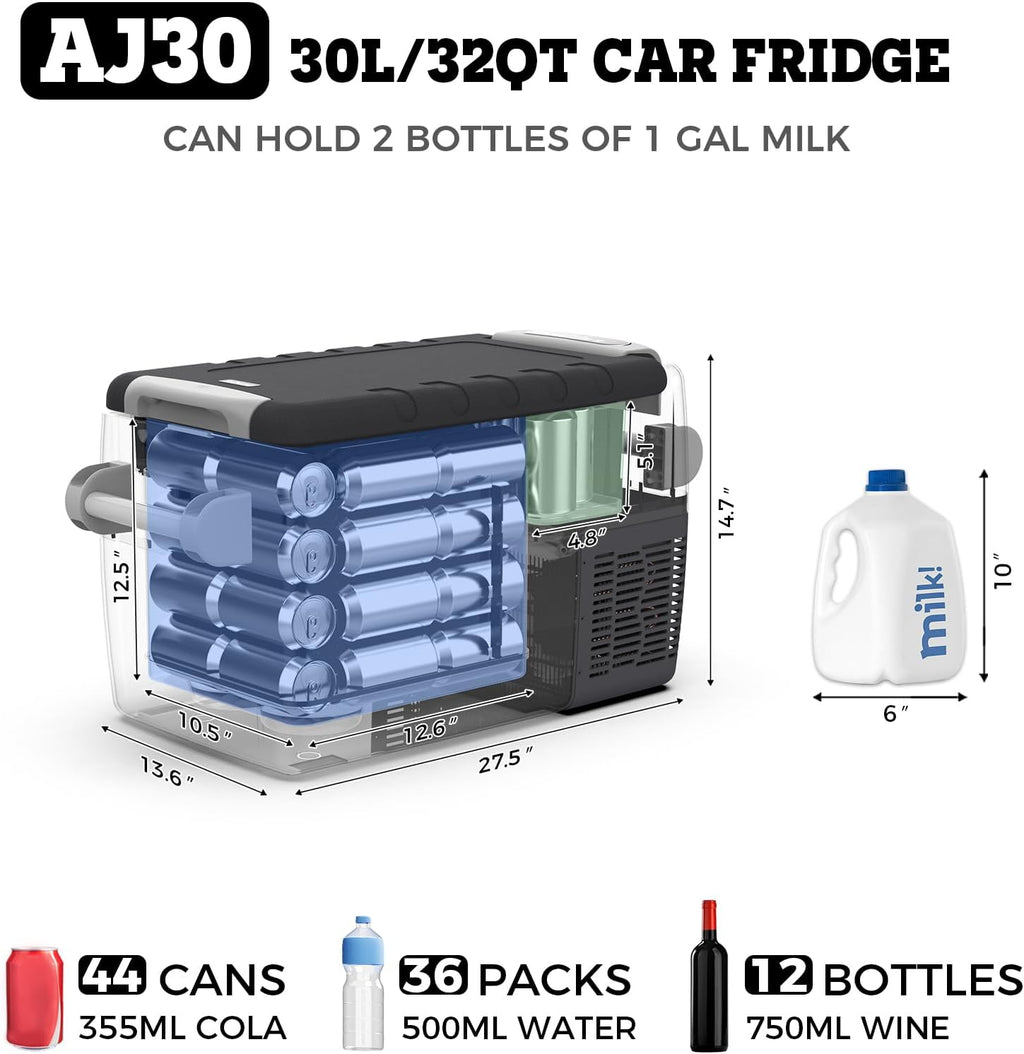 AJ30 Portable Refrigerator,Portable Freezer,32 Quart(30L) Electric Cooler,Car Refrigerator,12/24V DC Cable & 110/240V AC,Car Fridge for Camping,Truck,RV,Travel,Fishing,3-YEAR Warranty