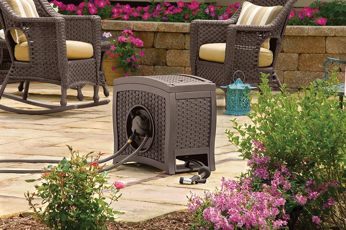 Suncast Aquawinder 125?? Wicker Garden Hose Reel ?C Lightweight Portable Hands ?C Free Water Powered Retractable Hose Reel ?C Java