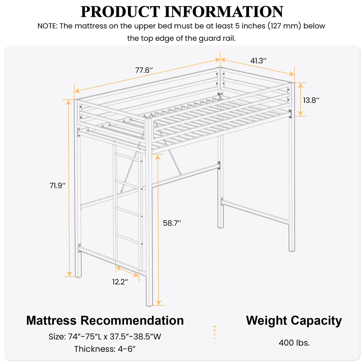 SHA CERLIN Junior Loft Bed Twin Size, Heavy Duty Twin Bed Frame