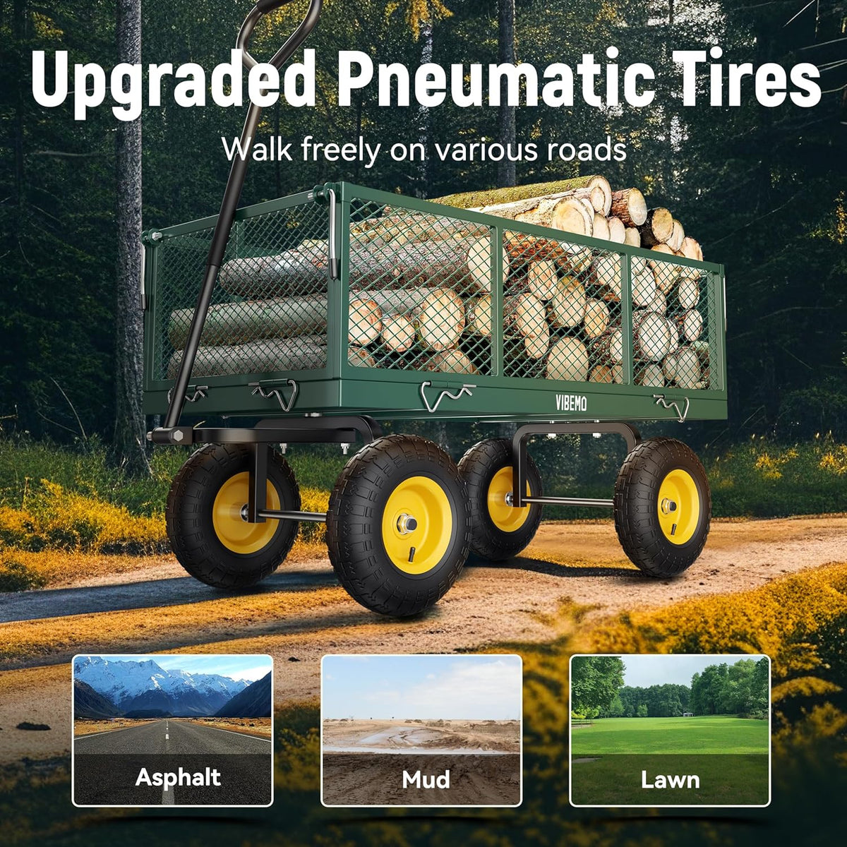 Steel Garden Cart, 2-in-1 1400 lbs Heavy Duty Utility Wagon, with Removable Mesh Sides to Convert into Flatbed, 240?? U-Turn 13" Pneumatic Tires Garden Wagon for Farm Yard Lawn Garden Camping