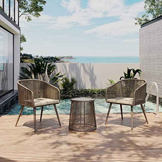 Patio Furniture Set, 3-Piece Outside Bistro Set Handwoven Rattan Wicker Chairs with Waterproof Cushions, Tempered Glass Table, Outdoor Conversation Set for Porch, Brown & Light Grey