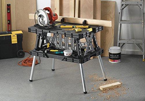 Keter ?C 197283 Folding Table Work Bench for Miter Saw Stand, Woodworking Tools and Accessories with Included 12 Inch Wood Clamps ?C Easy Garage Storage Black/Yellow