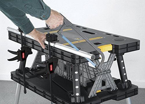 Keter ?C 197283 Folding Table Work Bench for Miter Saw Stand, Woodworking Tools and Accessories with Included 12 Inch Wood Clamps ?C Easy Garage Storage Black/Yellow