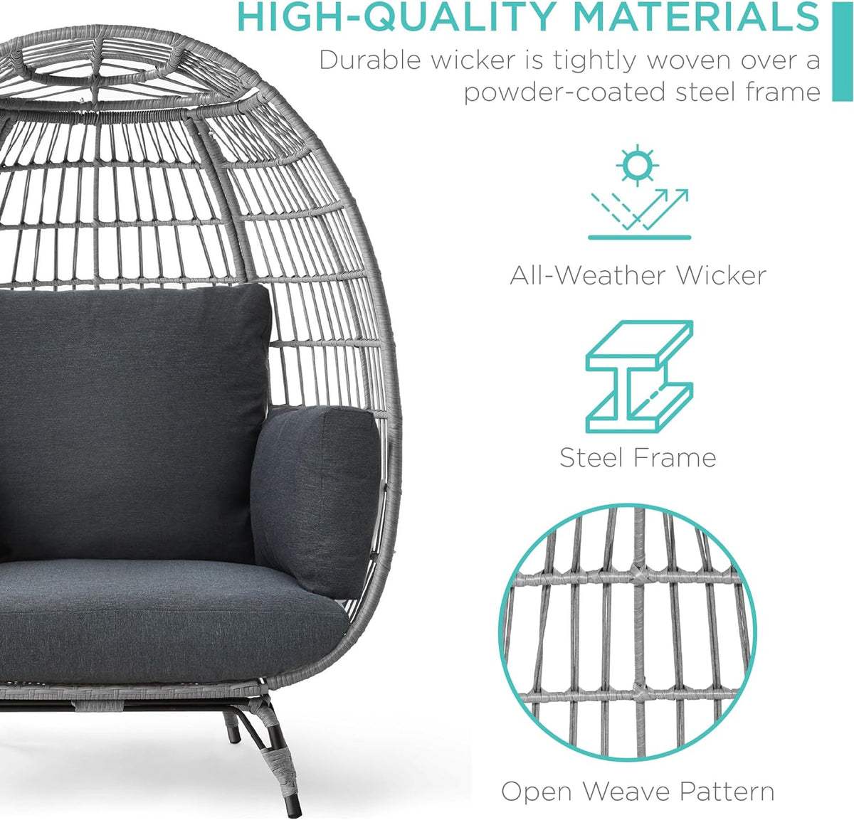Best Choice Products Wicker Egg Chair, Oversized Indoor Outdoor Lounger for Patio, Backyard, Living Room w/ 4 Cushions, Steel Frame, 440lb Capacity - Ivory