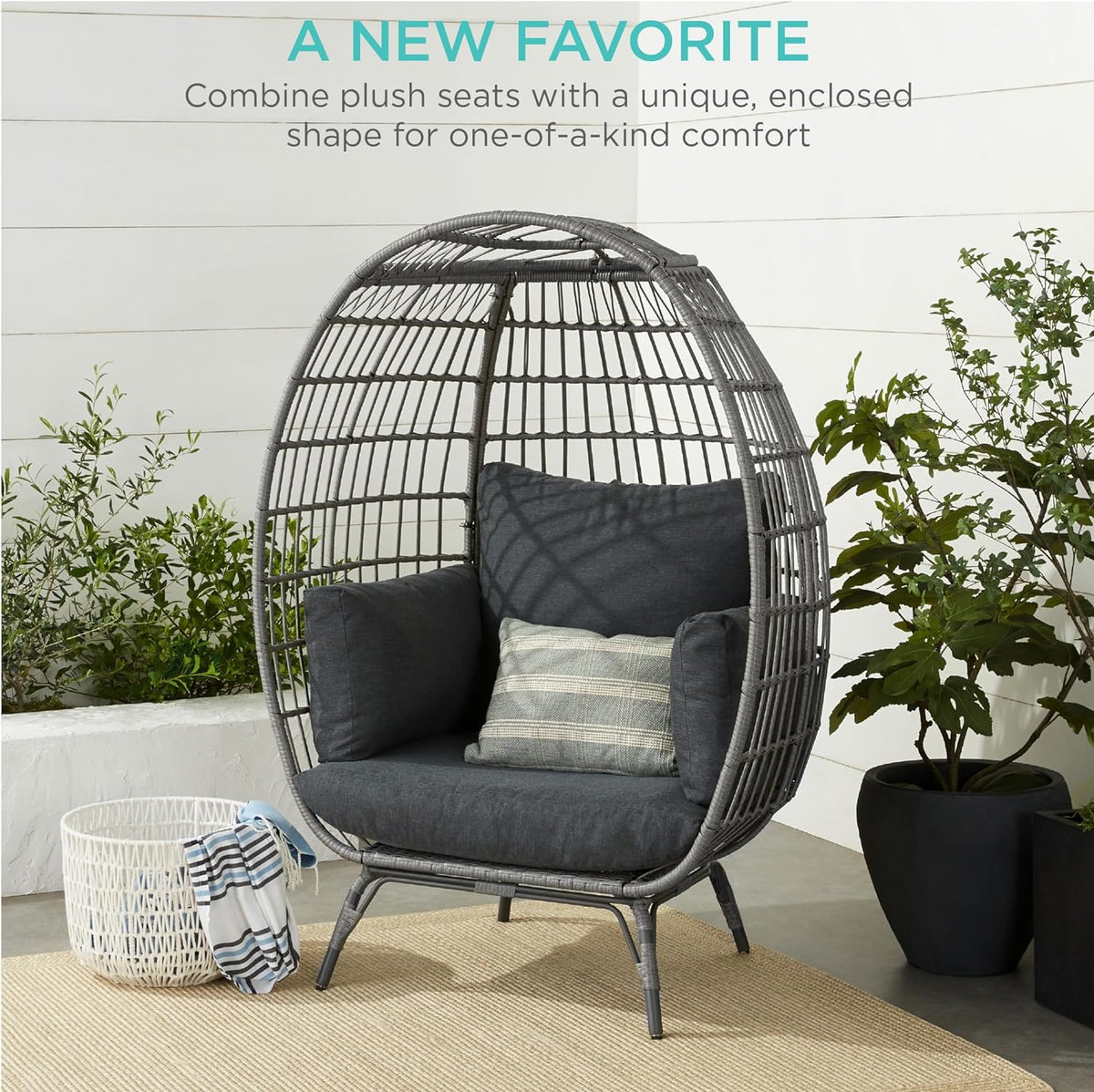 Best Choice Products Wicker Egg Chair, Oversized Indoor Outdoor Lounger for Patio, Backyard, Living Room w/ 4 Cushions, Steel Frame, 440lb Capacity - Ivory