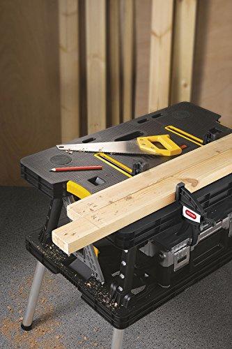 Keter ?C 197283 Folding Table Work Bench for Miter Saw Stand, Woodworking Tools and Accessories with Included 12 Inch Wood Clamps ?C Easy Garage Storage Black/Yellow