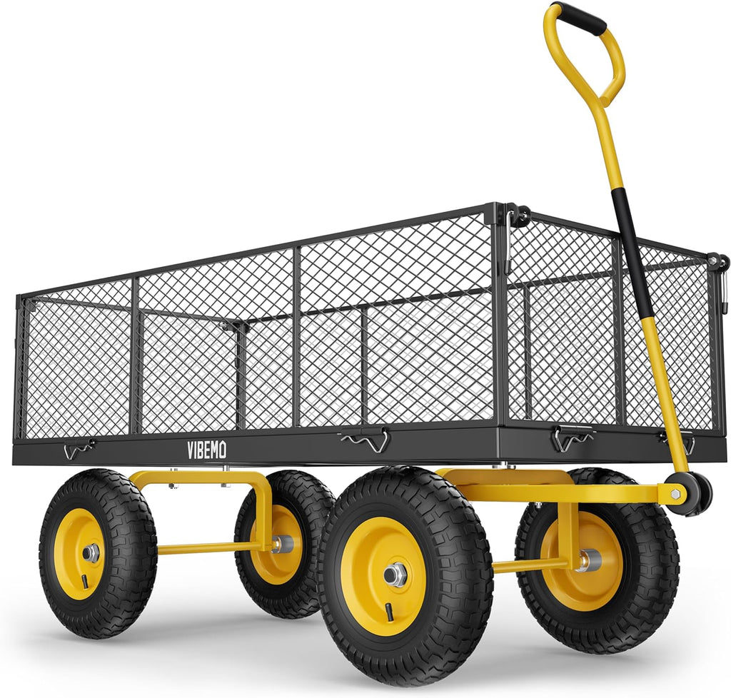 Steel Garden Cart, 2-in-1 1400 lbs Heavy Duty Utility Wagon, with Removable Mesh Sides to Convert into Flatbed, 240?? U-Turn 13" Pneumatic Tires Garden Wagon for Farm Yard Lawn Garden Camping