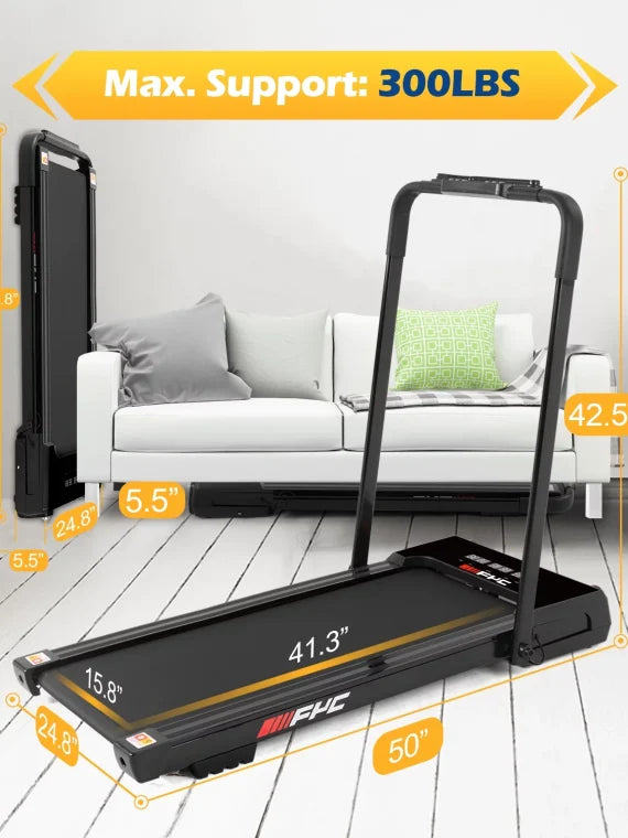 FYC 3.5HP Under Desk Treadmill 300LBS Weight Capacity, 2-in-1 Foldable Design, Remote Control & LED Display Compact Electric Walking and Running Machine for Walking, Running, Jogging (Black)