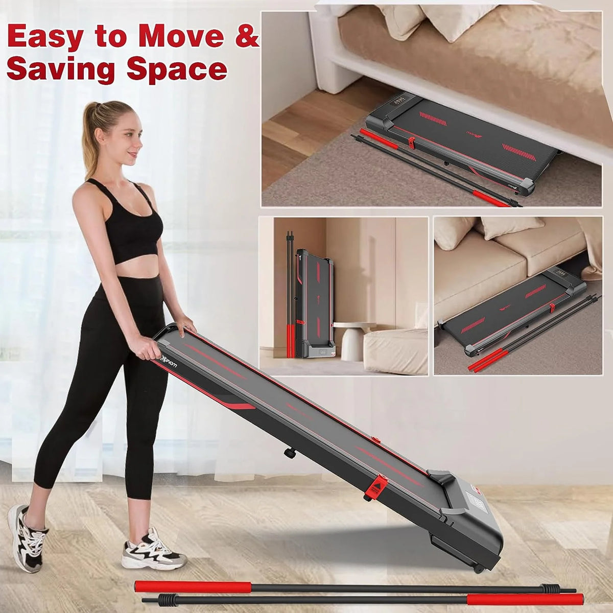 Superjoe Walking Pad Treadmill Under Desk 2 in 1 with Remote Control & Removable Handrails, Under Desk Treadmills for Home Exercise, Walking Running Jogging Machine LED Display Free Installation, Red
