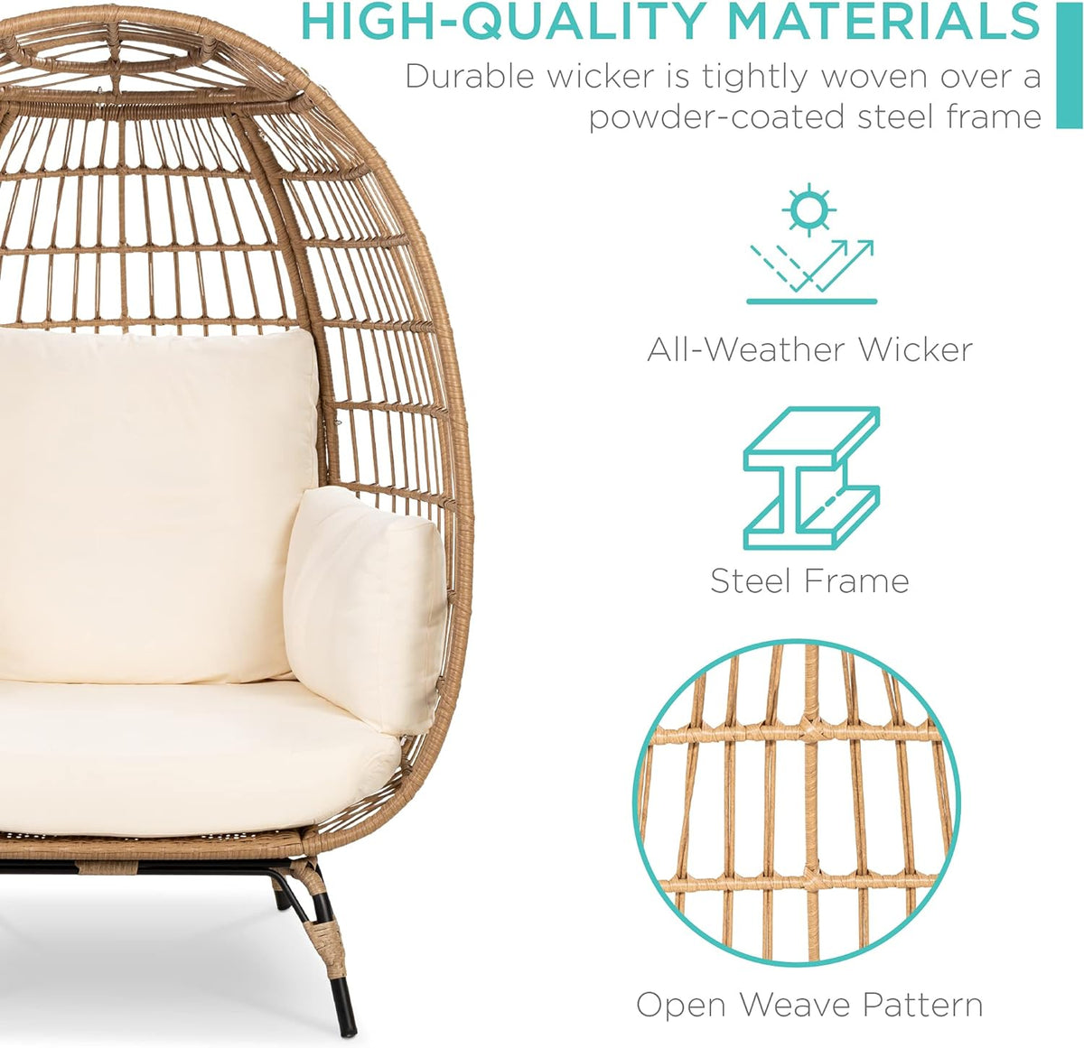 Best Choice Products Wicker Egg Chair, Oversized Indoor Outdoor Lounger for Patio, Backyard, Living Room w/ 4 Cushions, Steel Frame, 440lb Capacity - Ivory