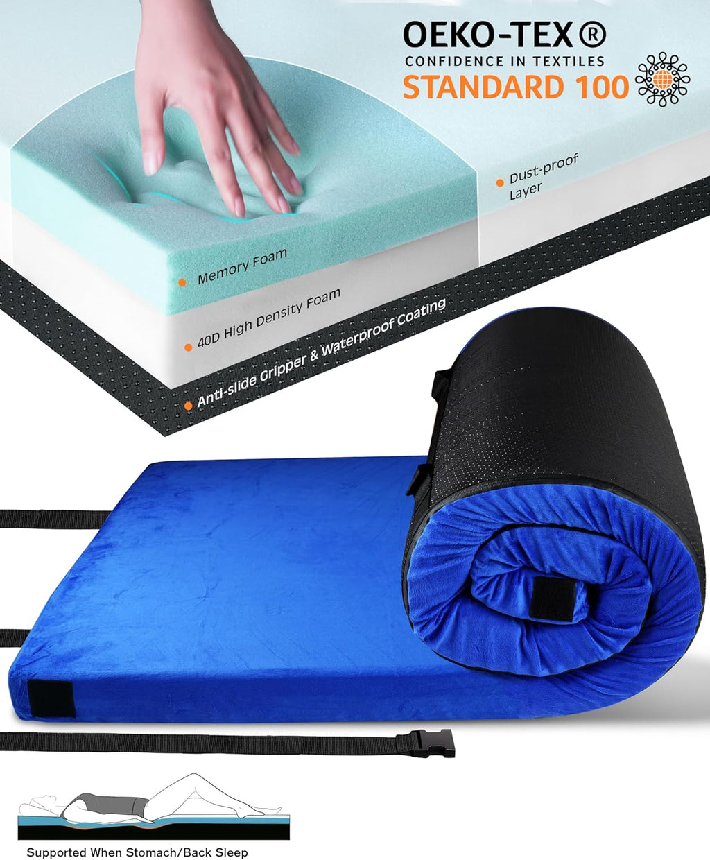 Thick Memory Foam Camping Pad Futon Mattress Full, Portable Floor Sleeping Mat Sleepover Guest Bed Roll Up Mattress for Indoor Outdoor Travel