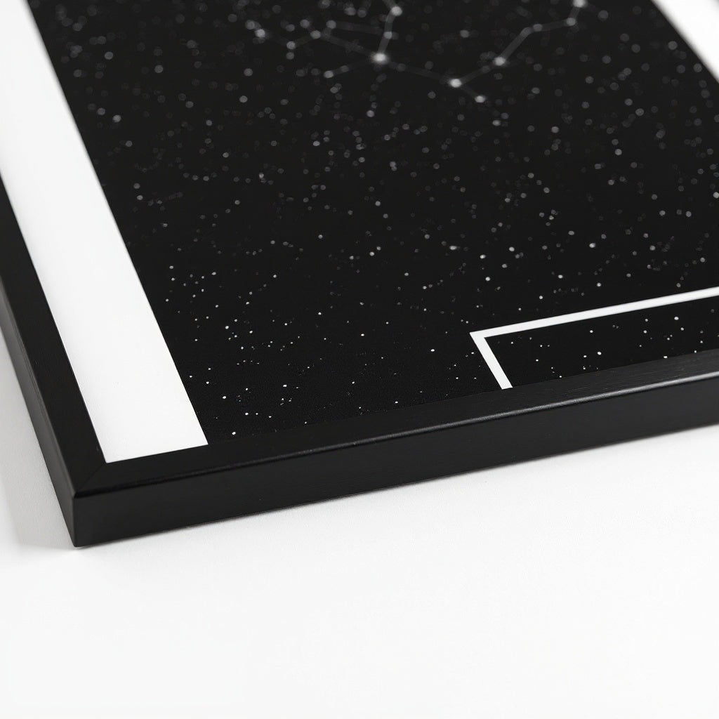 Detail of crisp celestial constellation lines and personalized date inscription